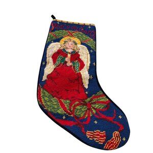 Vtg Needlepoint Christmas Stocking Peace On Earth Angel Petit Point Wool Velvet